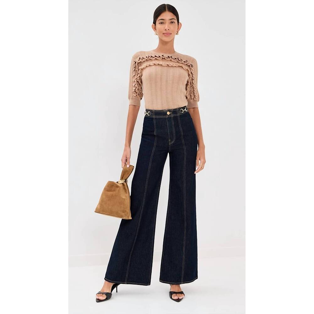 NEW ULLA JOHNSON salima short sleeve knit top in camel mela - Picture 4 of 5